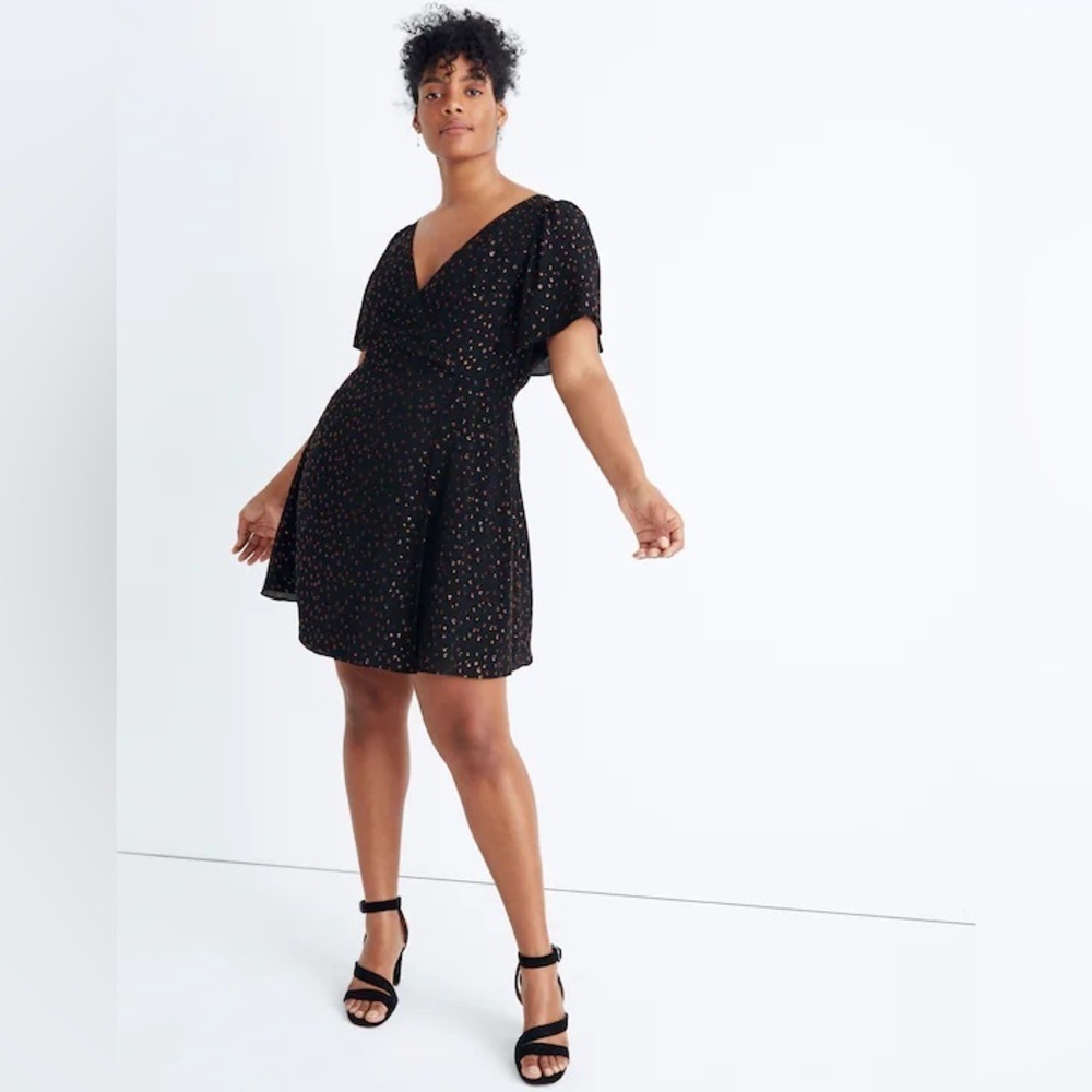 Madewell Cape-Sleeve Mini Dress in Metallic Dots Black Size 20 EUC